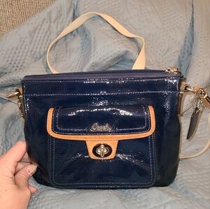 Coach Navy and Tan Leather Shoulder Bag